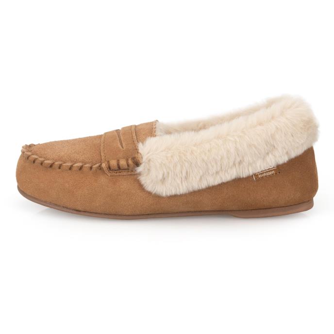Isotoner® Ladies Fur Lined Suede Moccasin Slipper With Keeper Tab Tan Extra Image 3